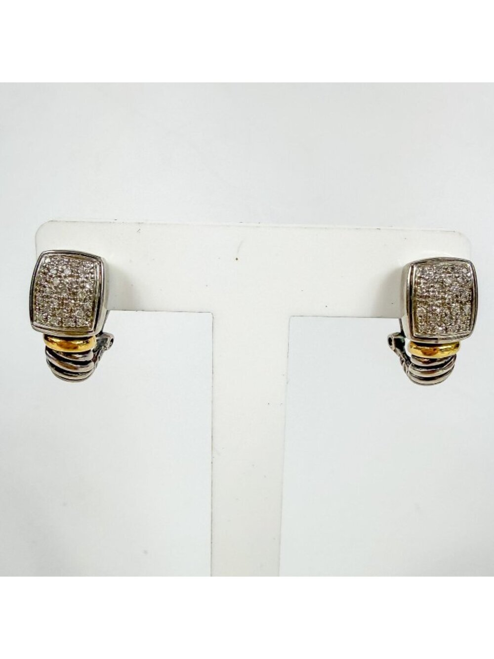 14Kt Yellow Gold Sterling Silver Square Cable Pave Diamond Omega Pierced Earring